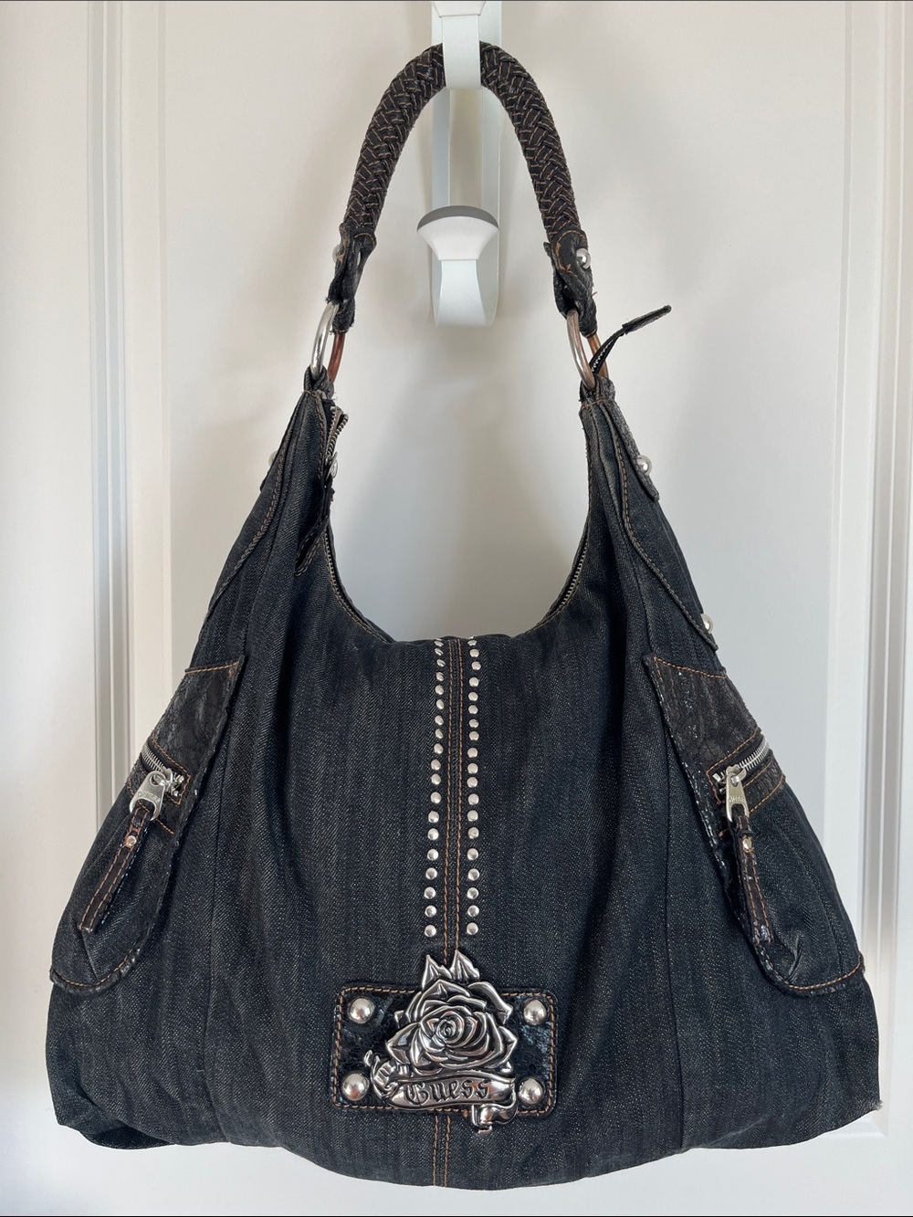 Guess Vintage Black Denim Bag with Rose Plaque